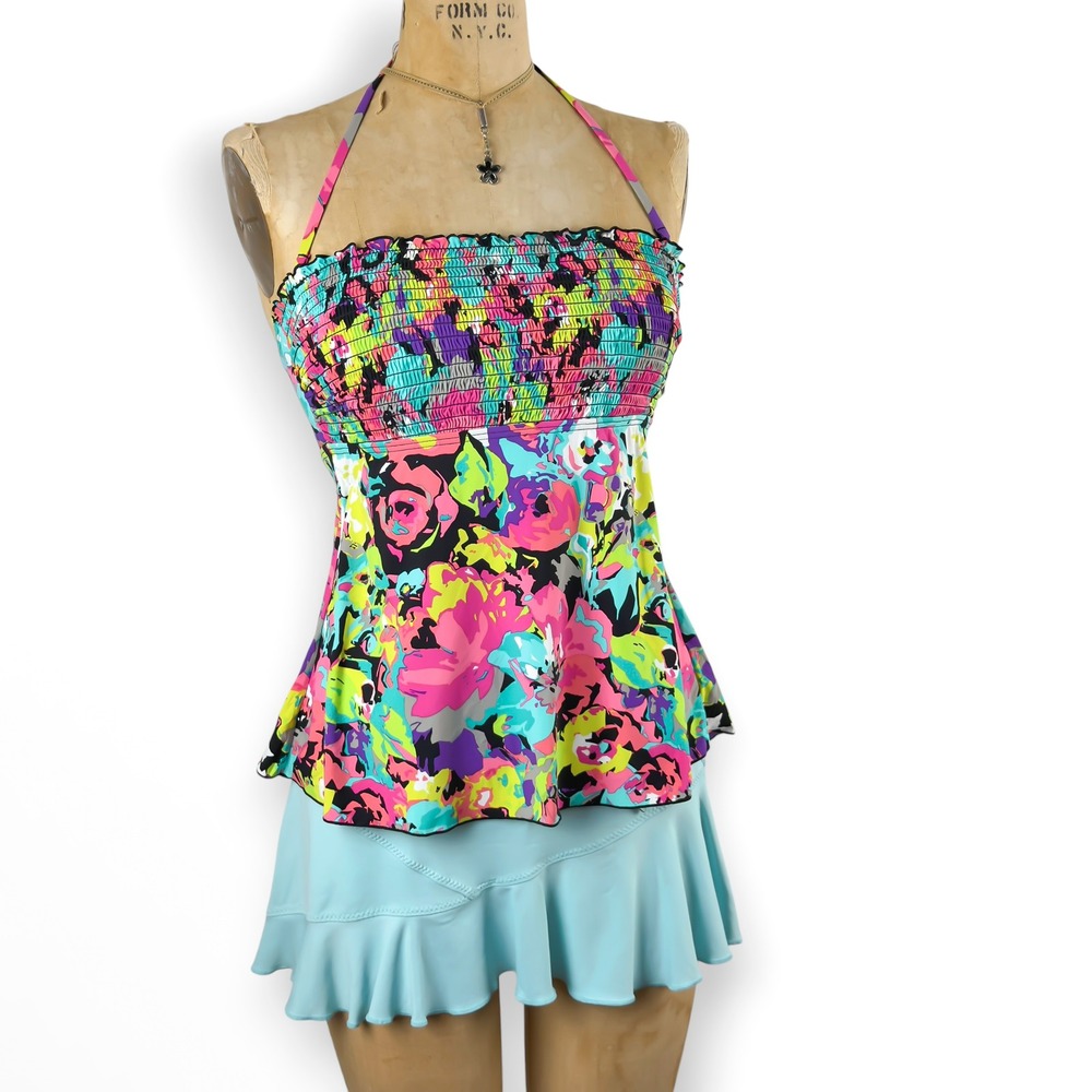 Kenneth Kole Reaction Neon Floral Ruched Bust Swim Top NWT Multicolor Retro Sz S
